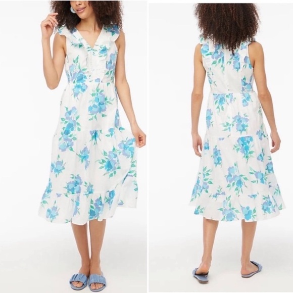 J. Crew Factory Printed V-neck smocked midi dress size 6 white blue pockets - Picture 10 of 15